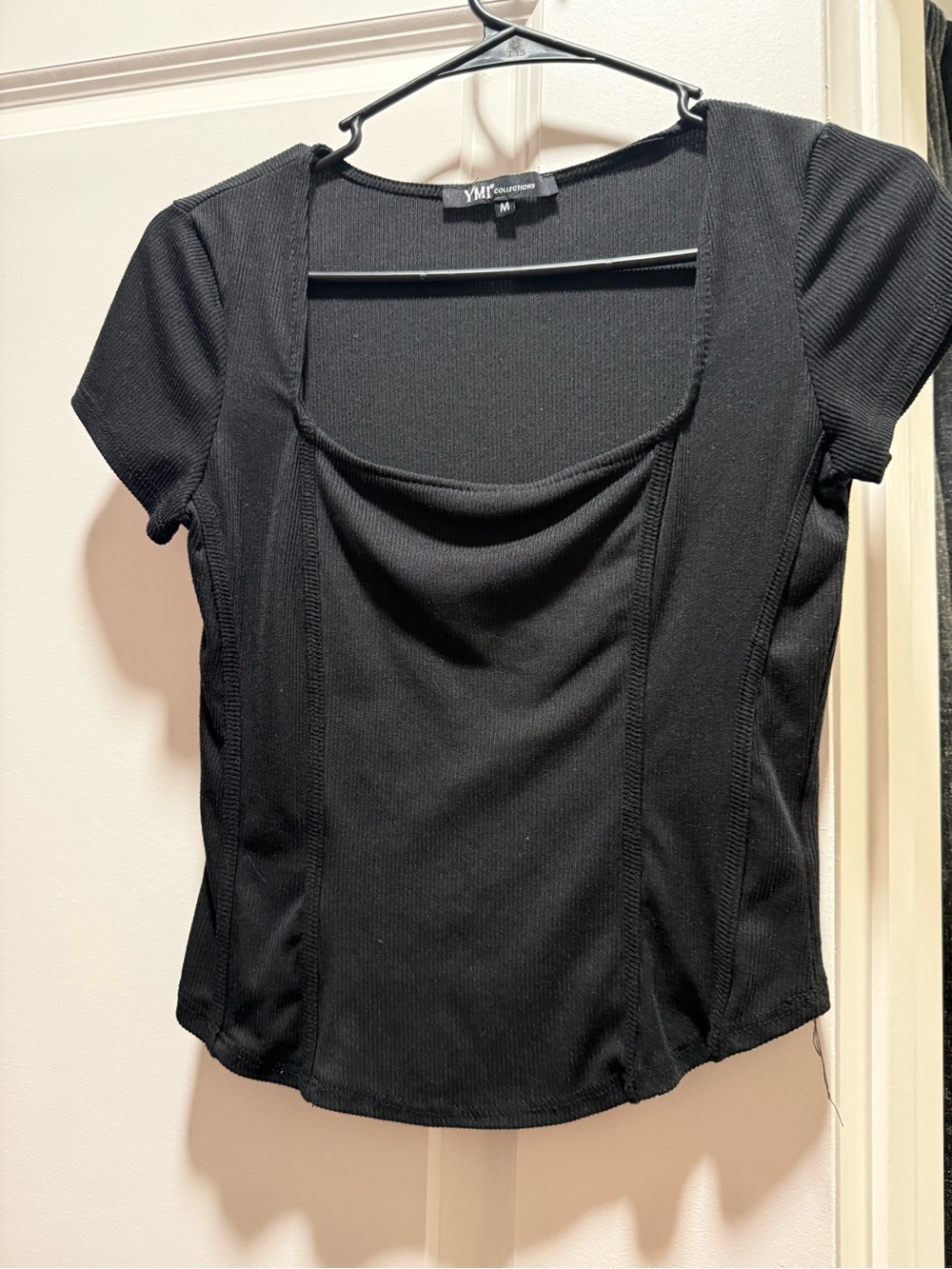 YMI Black Short Sleeve Square-Neck Ribbed Top